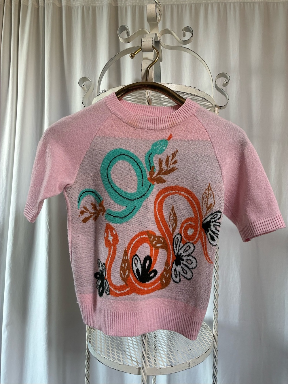The Oblong Box Shop Rare Sweater Pink Graphic Orange Teal Snakes and Floral S
